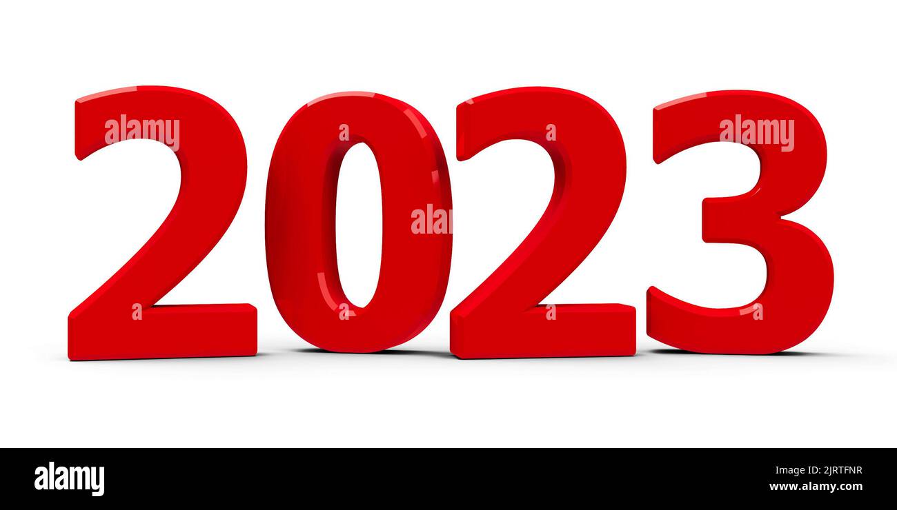 Red 2023 symbol, icon or button isolated on white background, represents the new year 2023, three-dimensional rendering, 3D illustration Stock Photo