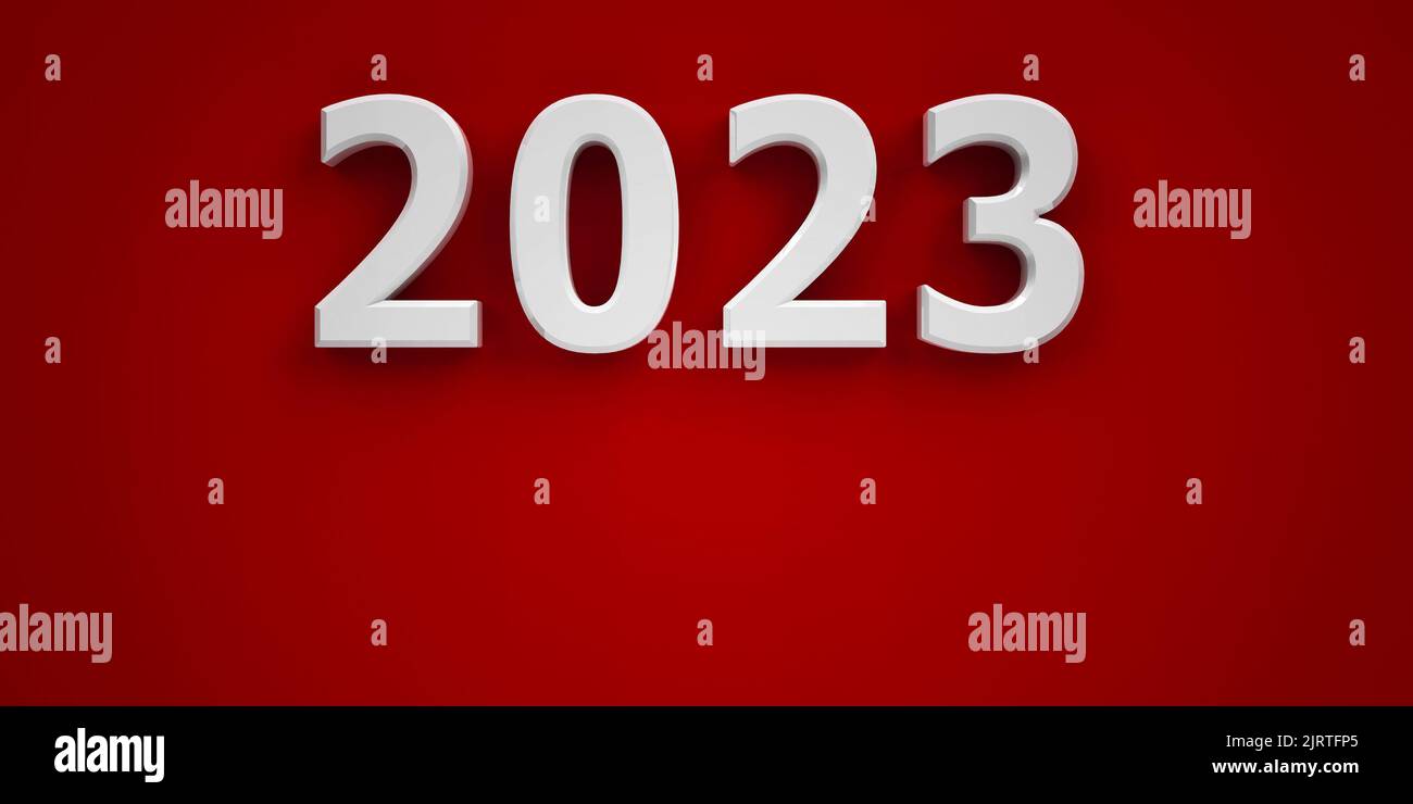 White number 2023 on red background represents new year 2023, three-dimensional rendering, 3D illustration Stock Photo