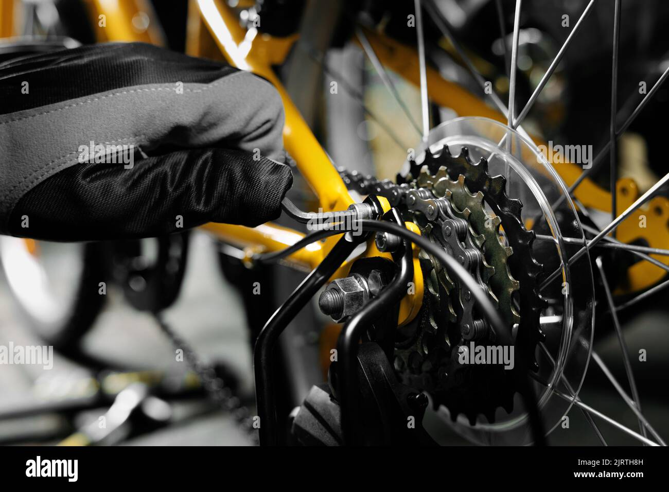 bicycle maintenance and repair. mechanic working in bike service workshop. gear closeup Stock Photo
