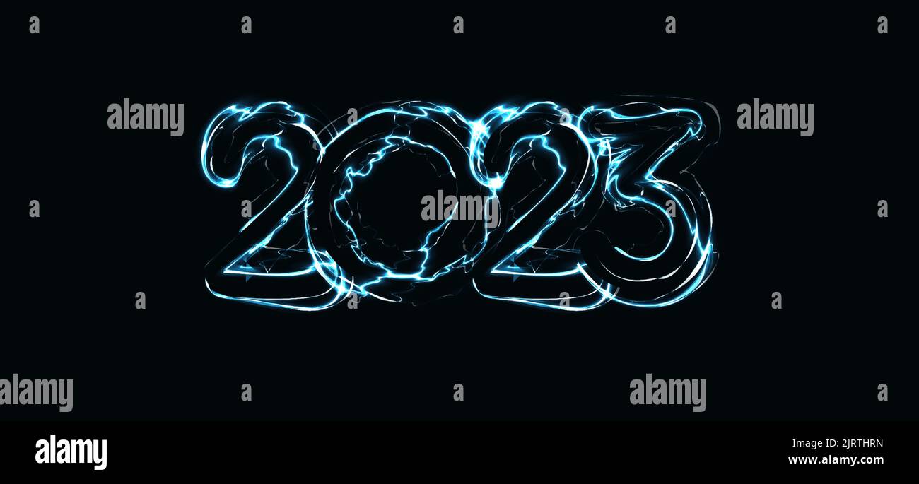 2023 numbers with magic luminous lightning contour. Happy New Year event poster, greeting card cover, 2023 calendar design, invitation to celebrate Stock Vector