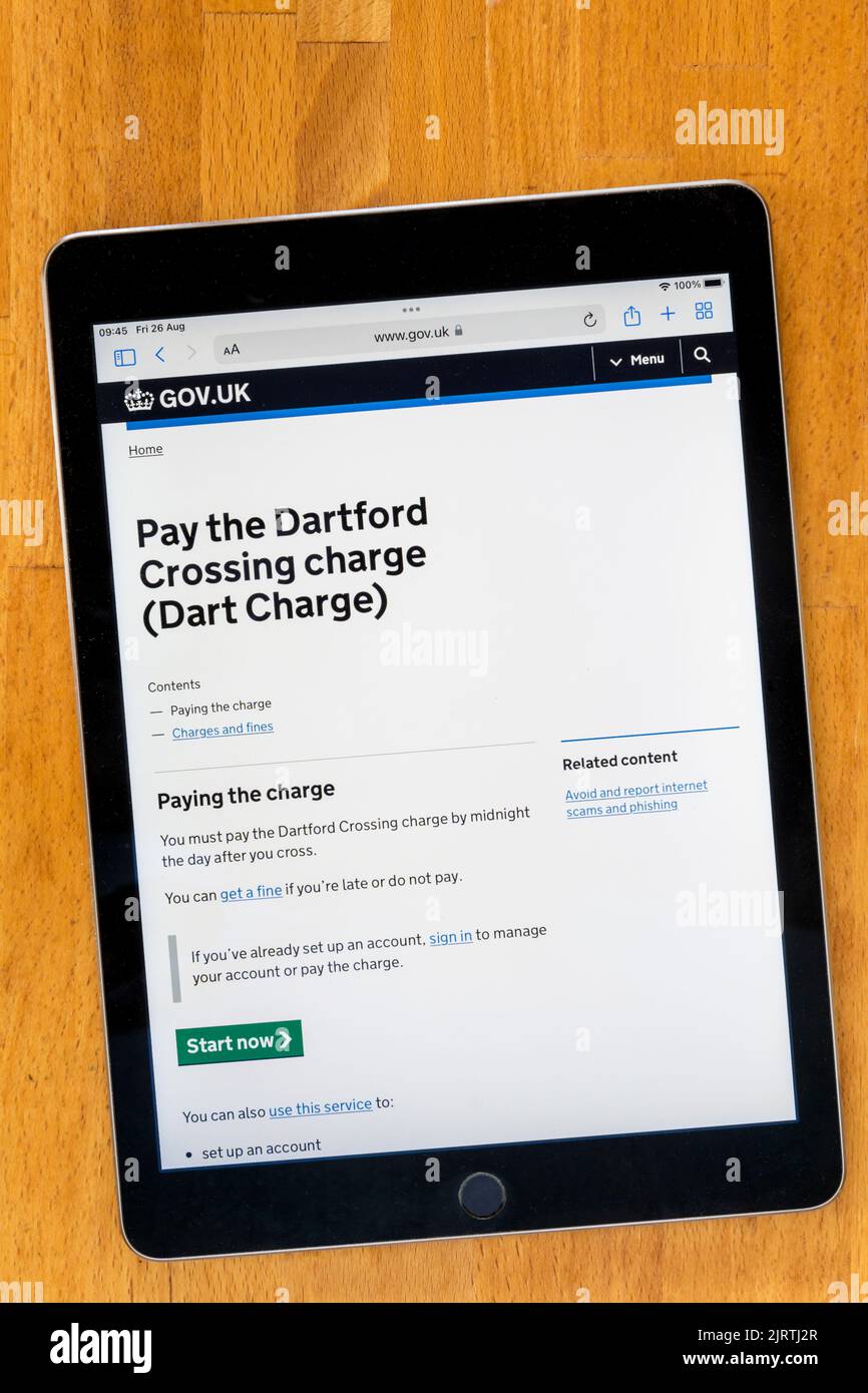 The website for online payment of the Dart Charge toll for the River Thames Dartford Crossing displayed on an ipad. Stock Photo