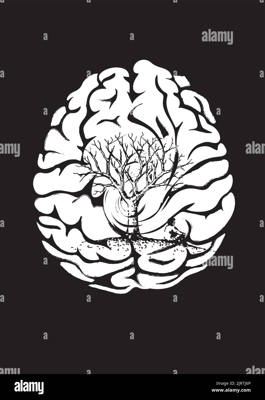 A vertical t-shirt design in the shape of a brain with a tree Stock ...