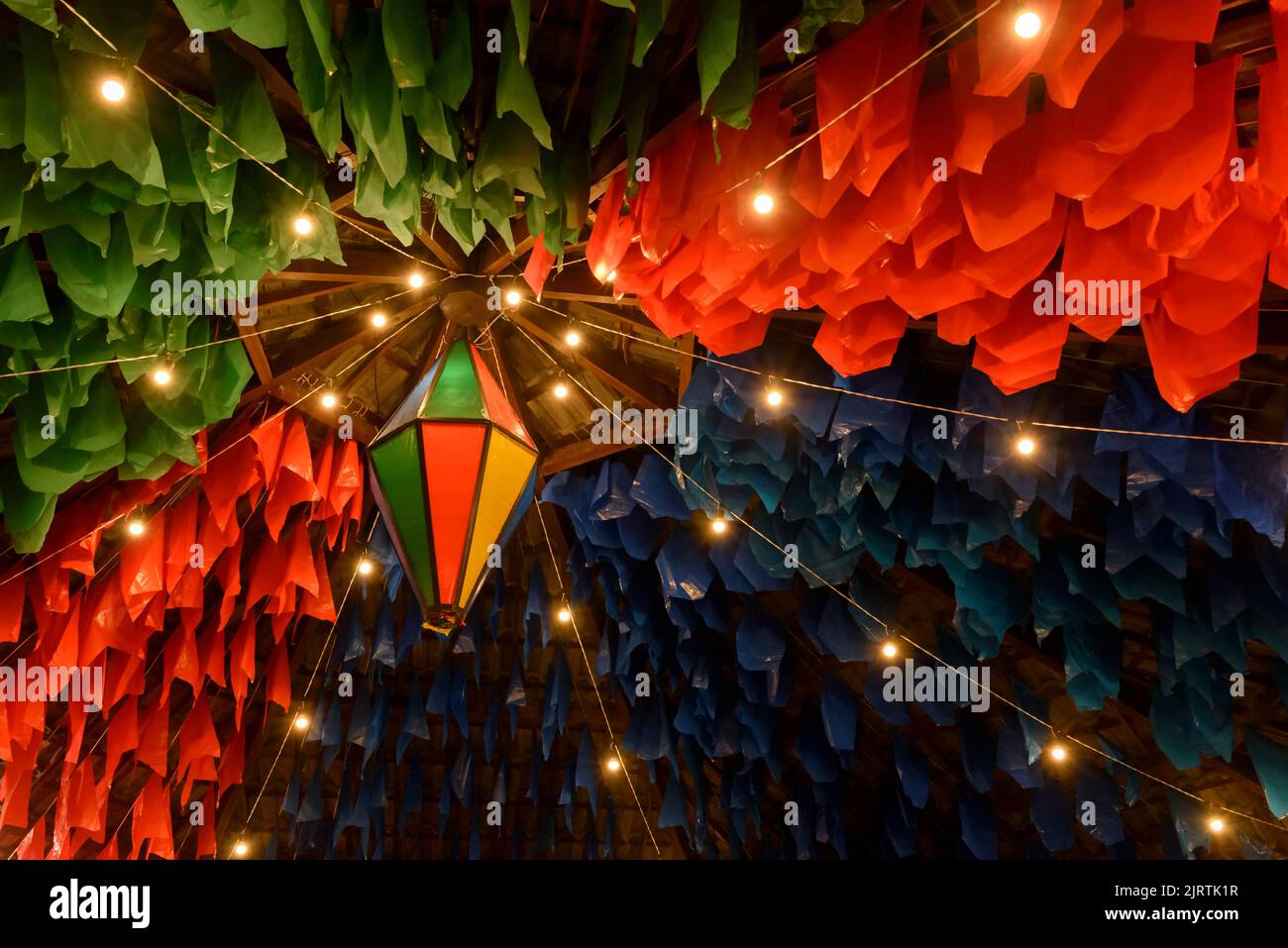 Colorful flags and decorative balloon for the Saint John party, which takes place in June in northeastern Brazil. Stock Photo