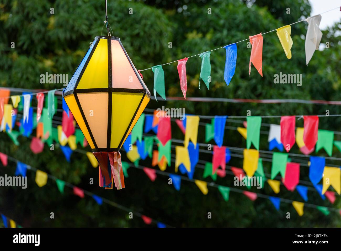 Colorful flags and decorative balloon for the Saint John party, which takes place in June in northeastern Brazil. Stock Photo