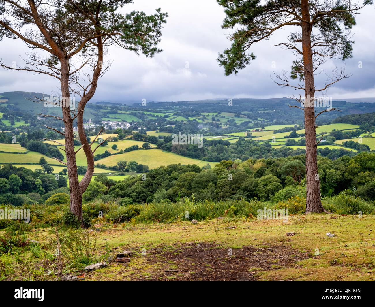 View southwest over the valley of the River Teign, towards Chagford, seen from the grounds of Castle Drogo above Hunter's Tor, Devon, UK Stock Photo