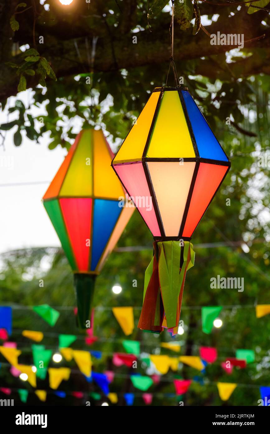 Colorful flags and decorative balloon for the Saint John party, which takes place in June in northeastern Brazil. Stock Photo