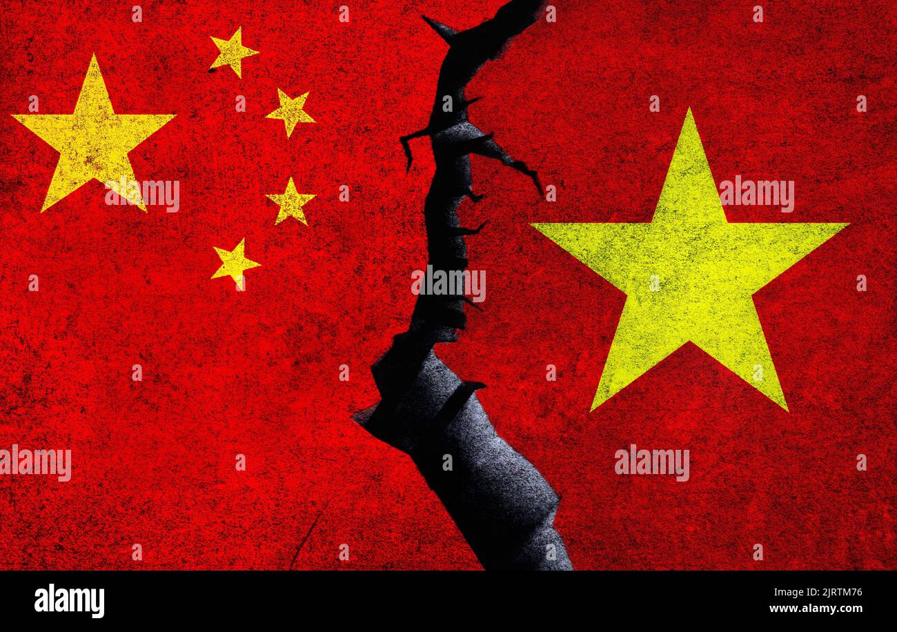 China vs Vietnam concept flags on a wall with a crack. Vietnam and
