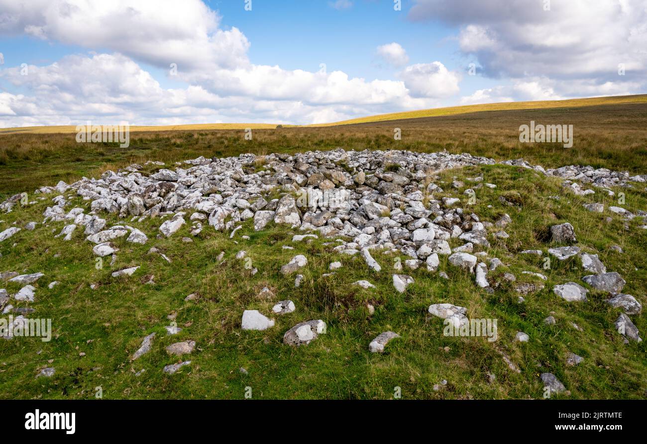 A large ridge-top cairn, 17 meters in diameter is found to the east of the Hingston Hill stone row, Hiingston Down, Dartmoor, Devon, UK. Stock Photo