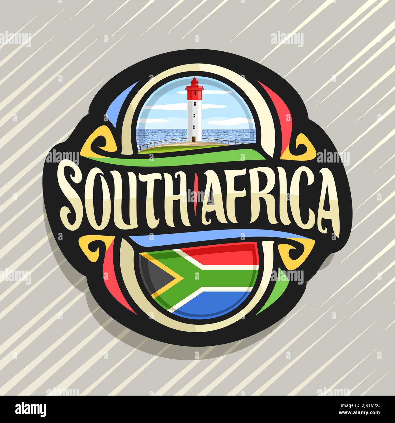 Vector logo for South Africa country, fridge magnet with south african state flag, original brush typeface for words south africa and national symbol Stock Vector
