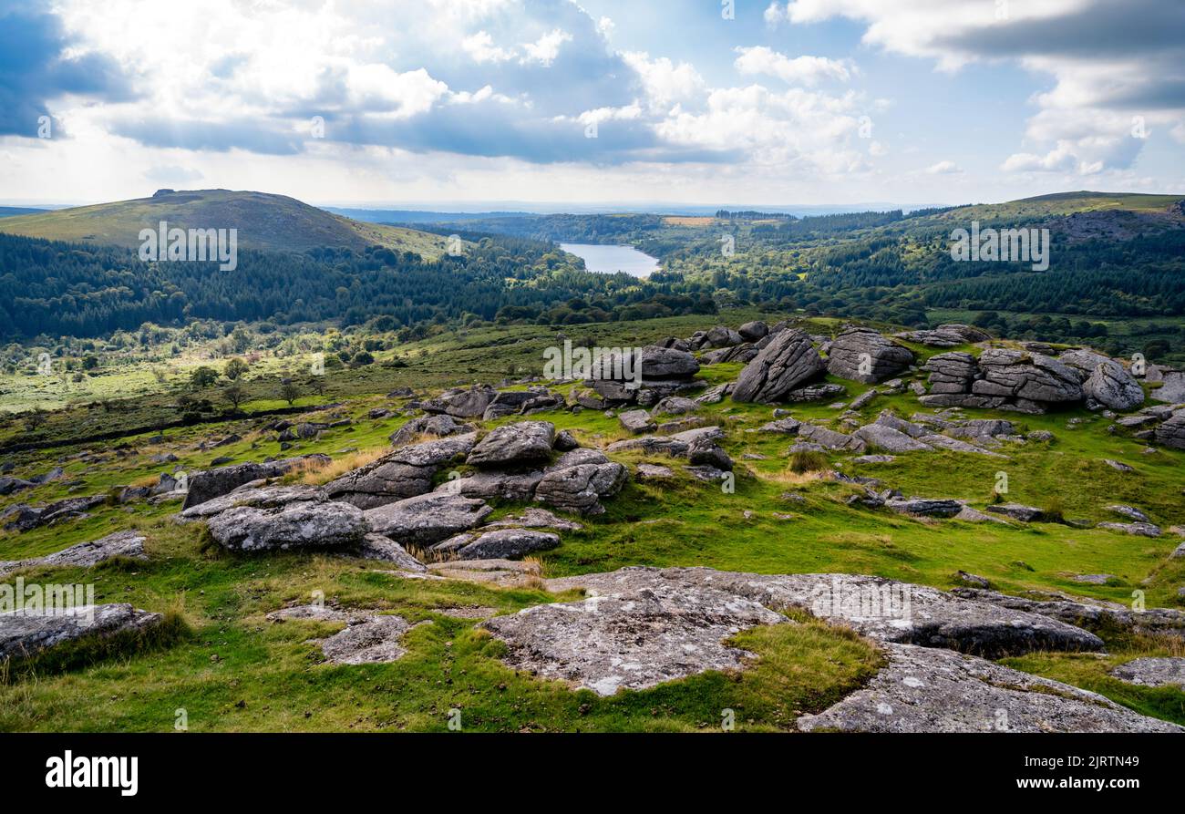 A view, including Burrator Reservoir, seen from the summit of Down Tor, Dartmoor National Park, Devon, UK. Stock Photo