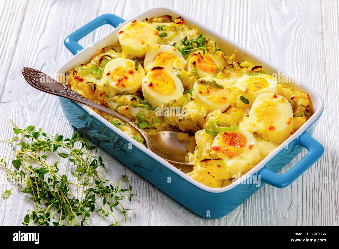 Welsh Anglesey Eggs, soft mashed potatoes with hardboiled eggs all