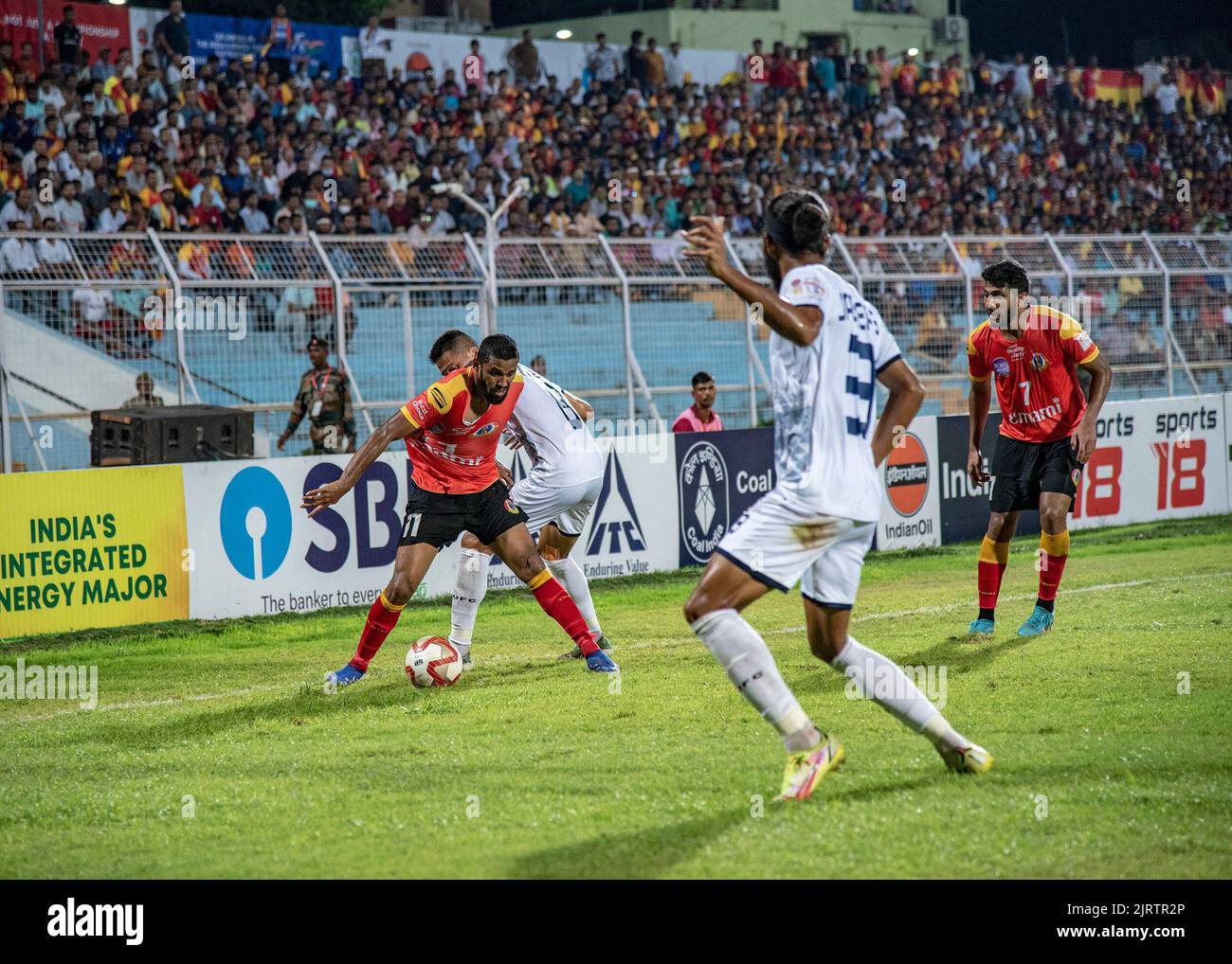 Emami East Bengal Football Club(EEBFC) and Rajasthan United Football Club(RUFC) played goal less draw in group B encounter of 131st Durand Cup match at KishorBharati Stadium, Jadavpur, Kolkata on 25th August,2022. (Photo by Amlan Biswas/Pacific Press) Stock Photo