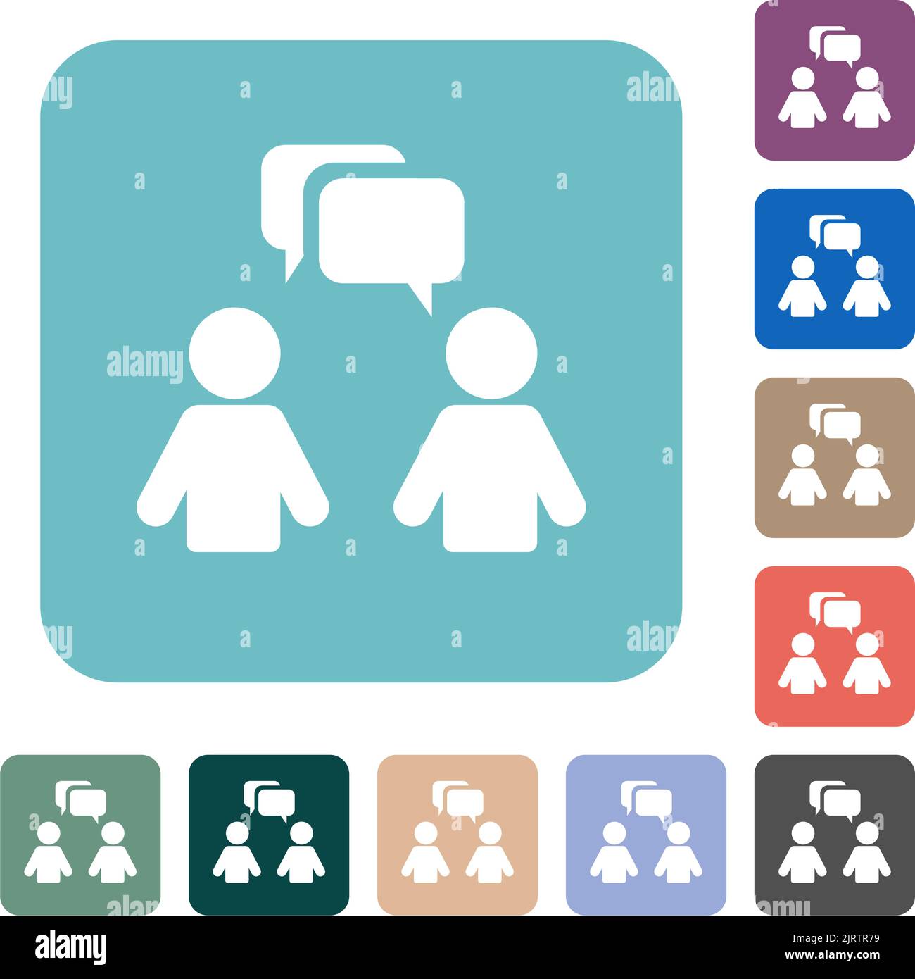 Two talking persons with rounded square bubbles solid white flat icons on color rounded square backgrounds Stock Vector
