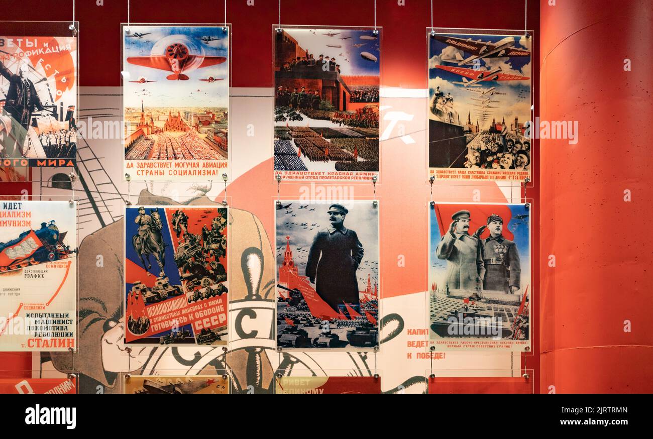 A picture of multiple Soviet propaganda posters from World War 2, taken inside the Museum of the Second World War, in Gdansk. Stock Photo