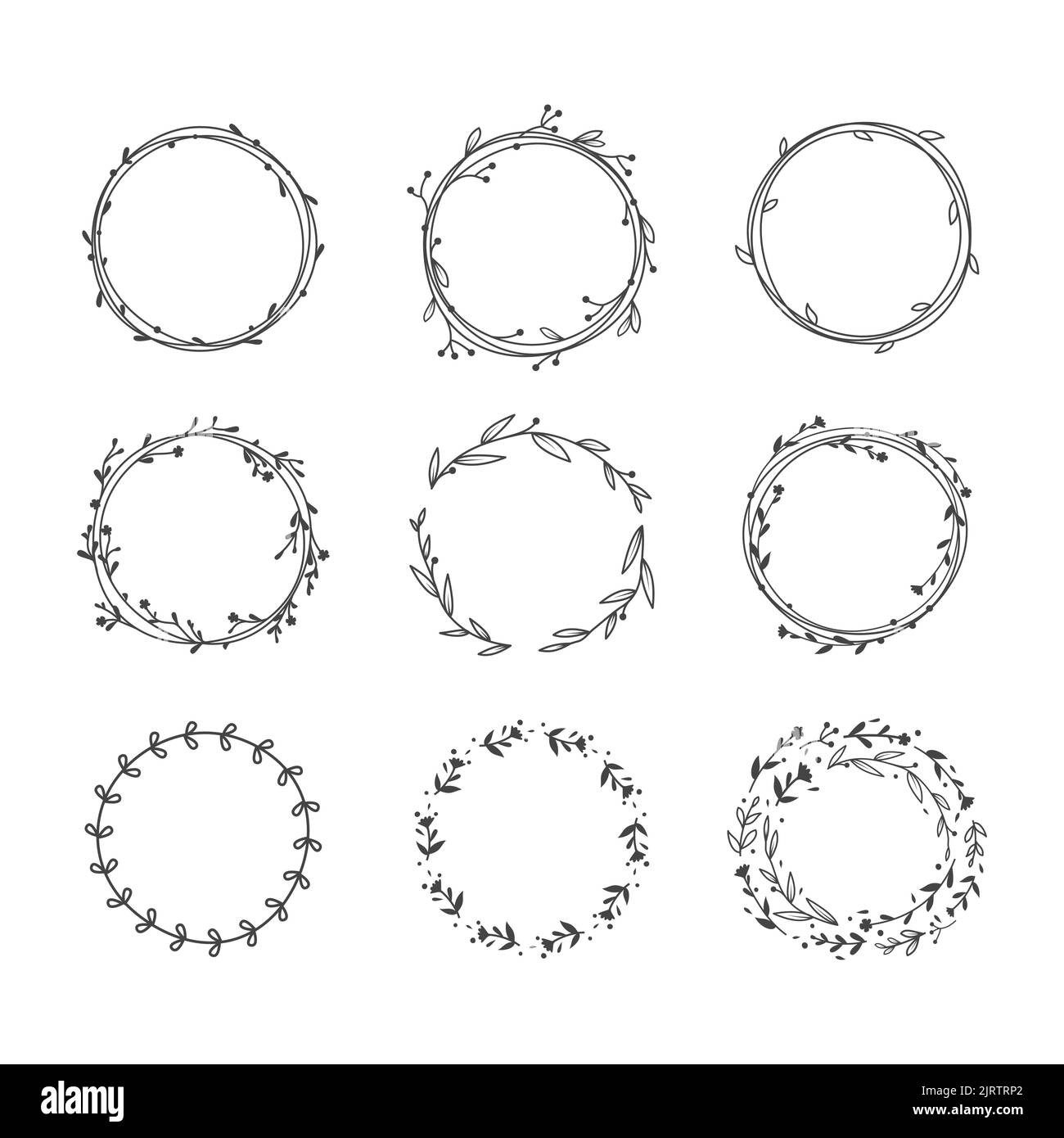 Floral circle wreath frame vector template. Branches, leaves and
