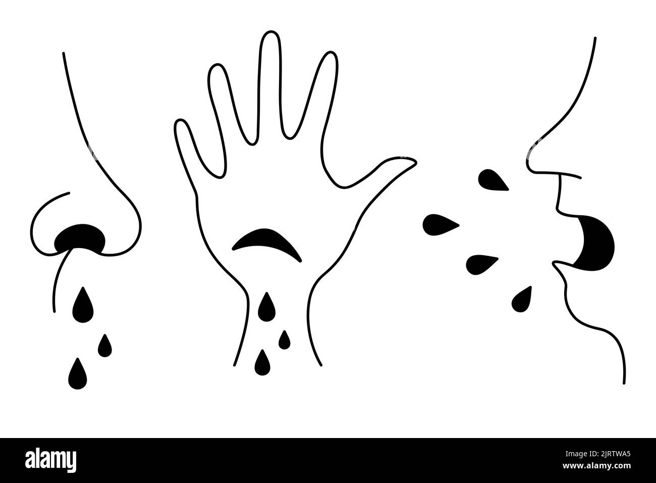 Human nose side view, runny nose, cut on the palm, wound with blood drops, coughing and sneezing. Silhouettes of splashes and drops. doodle style set Stock Vector