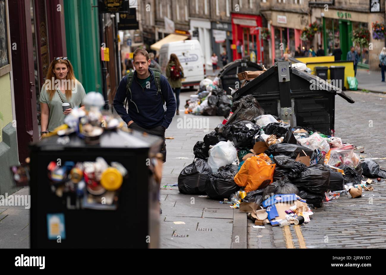Edinburgh, Scotland, UK. 26th August 2022. Rubbish is seen piled on streets and beside many