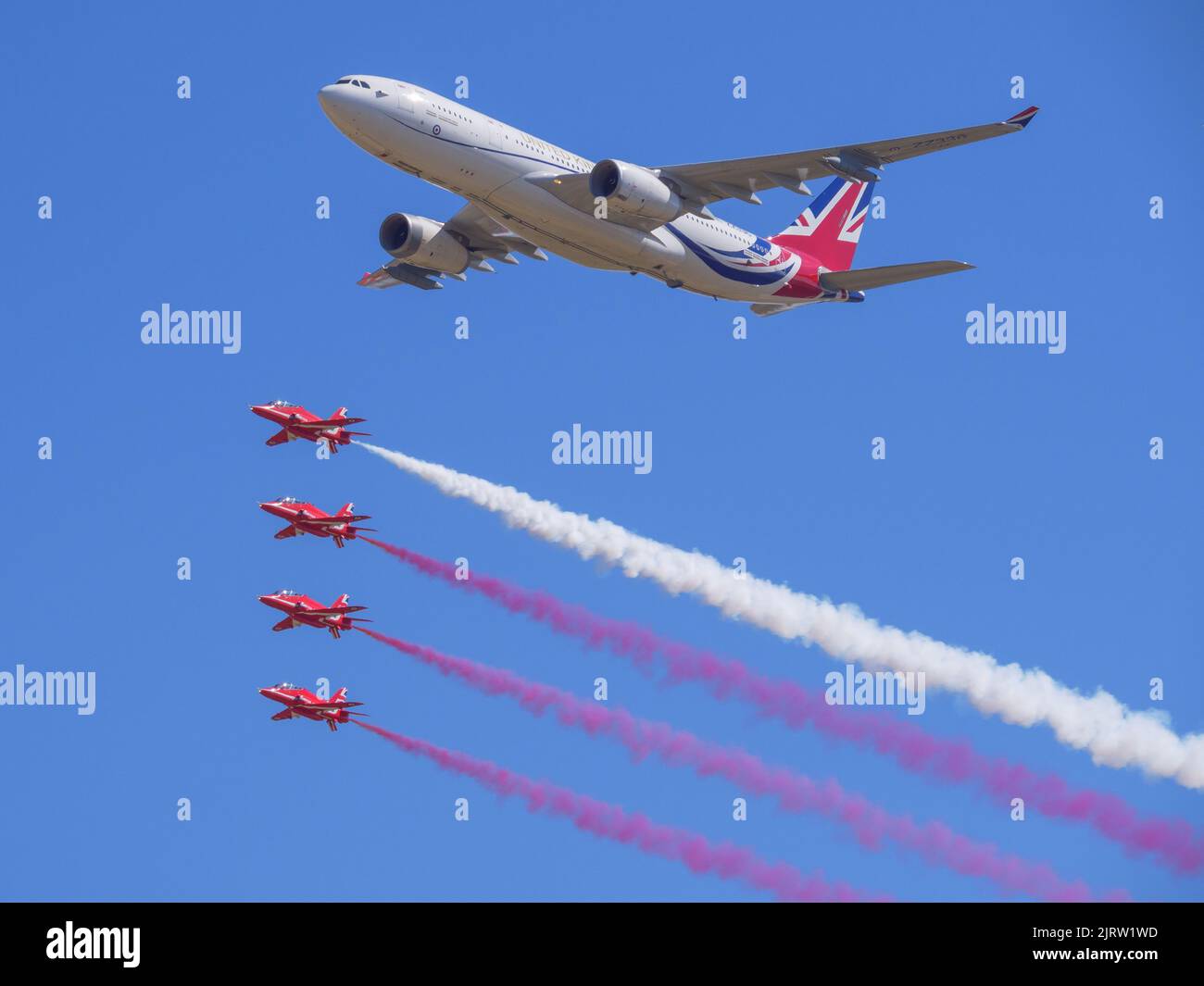 Airbus A330 with the Red Arrows at the Royal International Air Tattoo 2022 Stock Photo