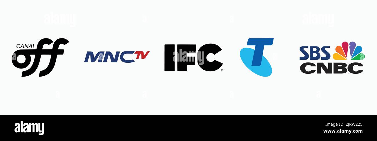 Independent Film Channel IFC logo, Telstra logo, MNC TV  logo, SBS CNBC CI logo, Canal Off logo, Set of popular logos printed on paper. Stock Vector