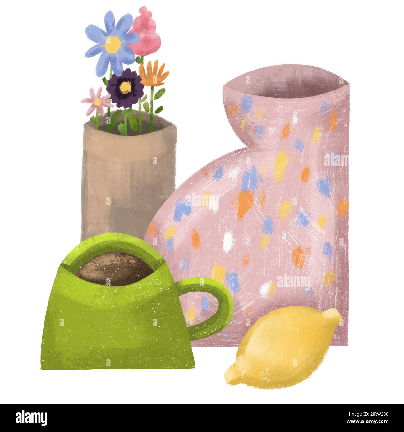 a cup of tea, lemon and flower vase breakfast set illustration. good morning concept, blogger content . Stock Photo