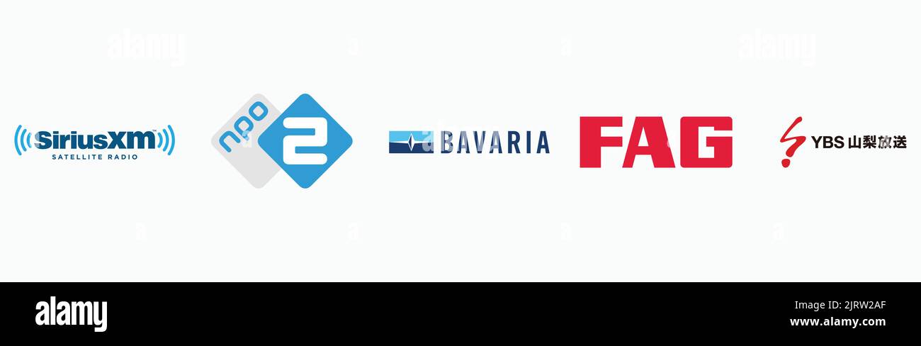 Bavaria Yachtbau logo, Sirius XM logo, FAG logo, NPO 2 logo, YBS logo, Set of popular logos printed on paper. Stock Vector