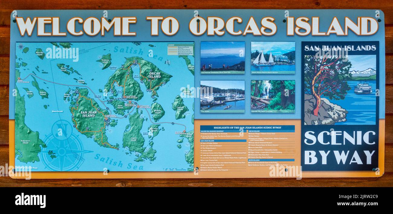 Washington, San Juan Islands, Orcas Island, information sign and map Stock Photo