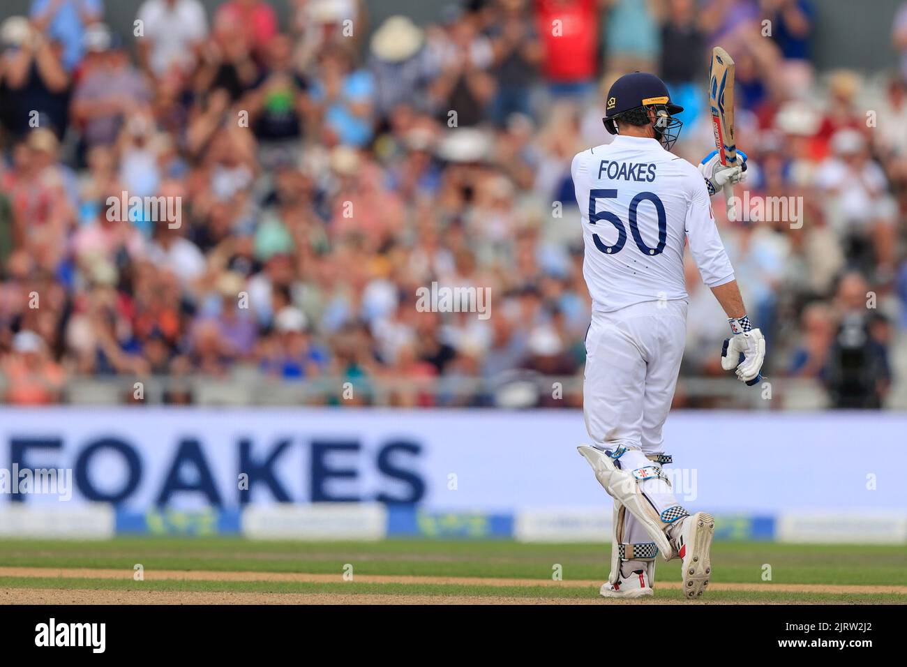 Ben Foakes of England raises his bat on reaching his fifty in ...
