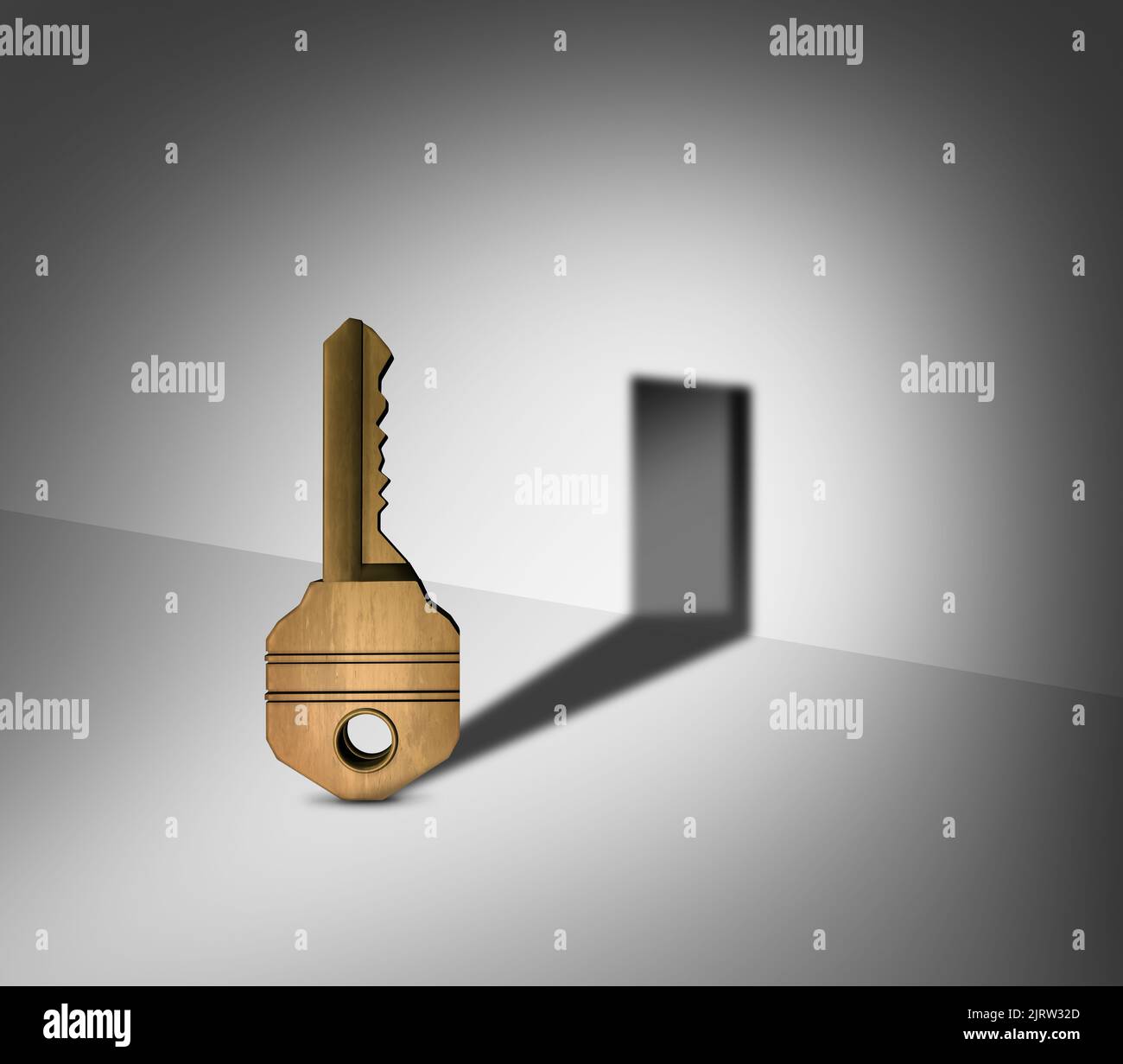 Key to opportunity and lock metaphor or business success symbol as a locking object casting a shadow of an open door as a 3D illustration. Stock Photo