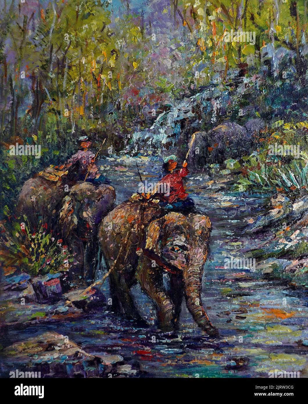 art painting Oil color Elephant family  in  forest Stock Photo