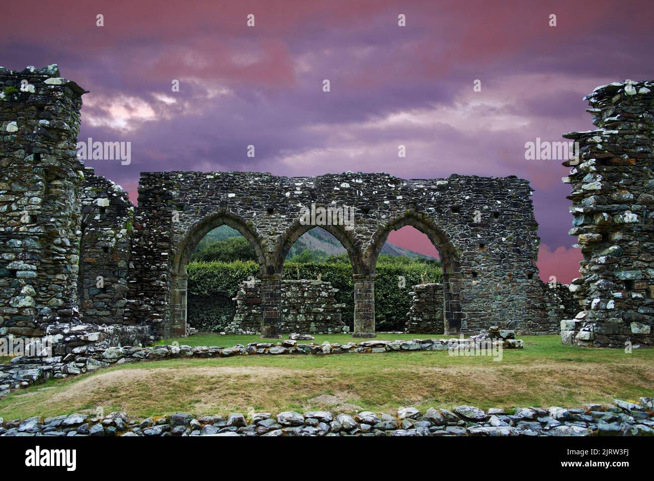 Cymer Abbey is a ruined Cistercian abbey near Dolgellau in North Wales. It was founded in 1189 by Maredudd ap Cynan ab Owain Gwynedd. Stock Photo