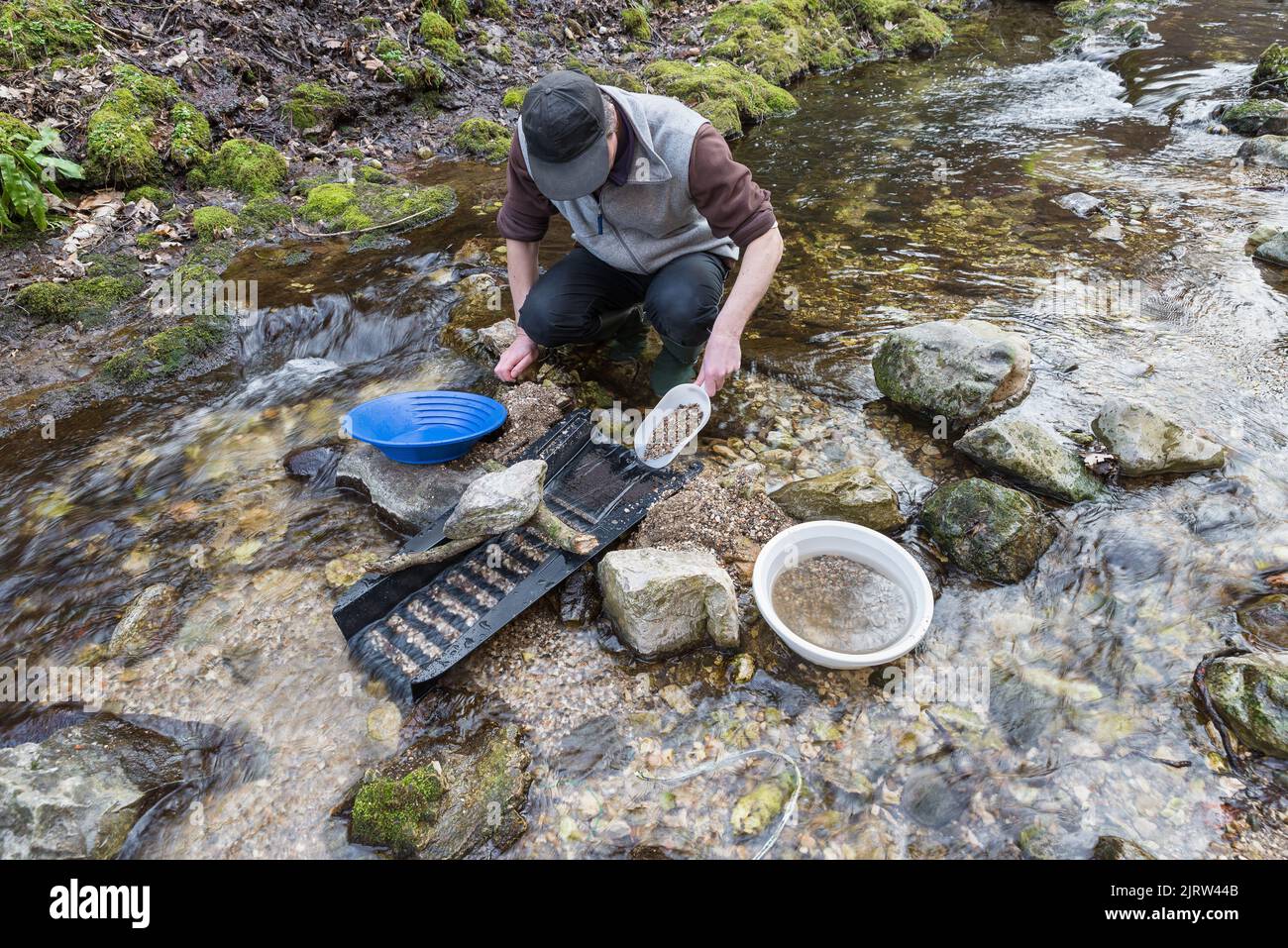 Outdoor adventures on river. Gold panning, man pours sand and gravel into a sluice box in search of gold in a small mountain stream Stock Photo