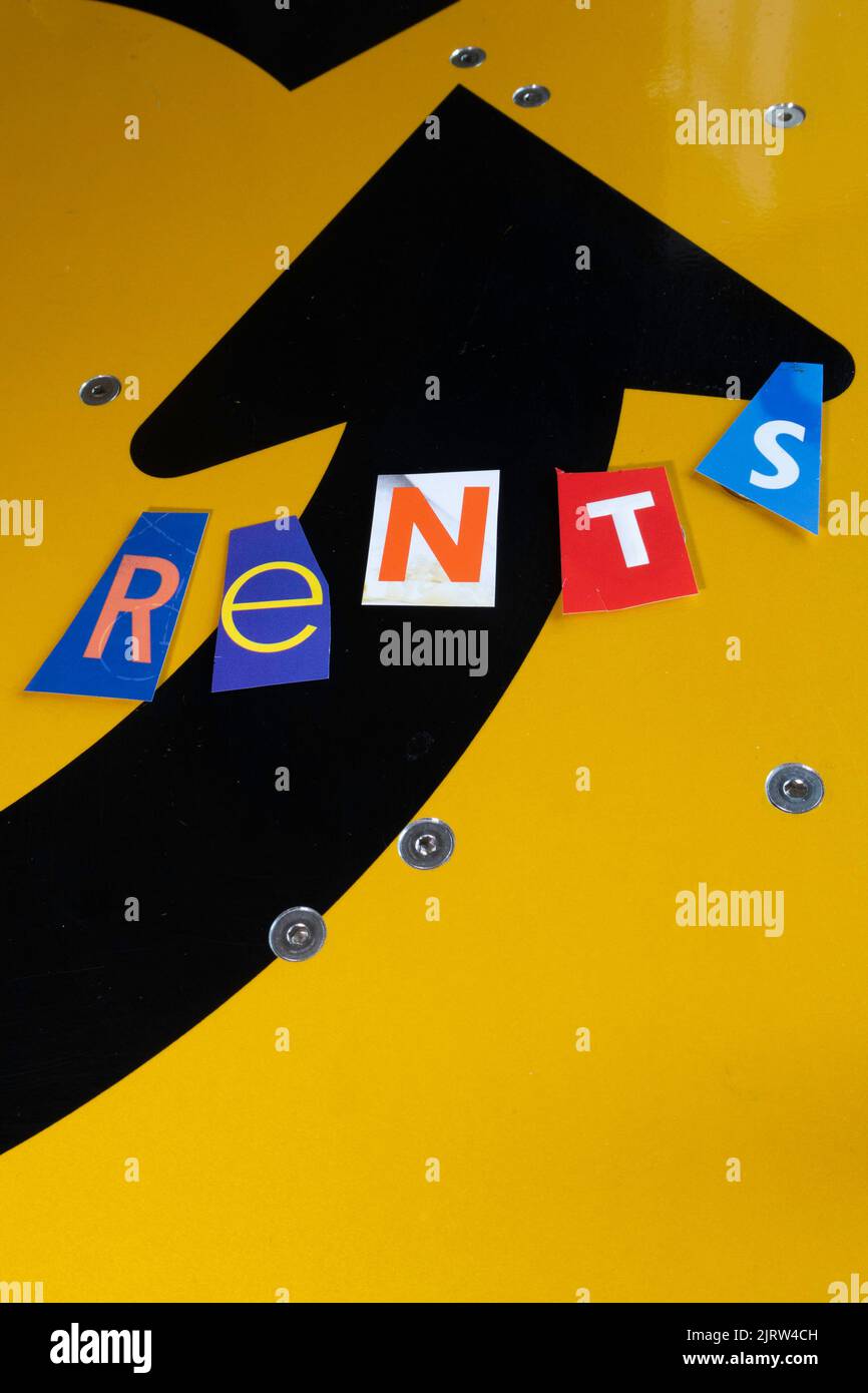 The Word 'rents' is spelled out in ransom note style typography, USA  2022 Stock Photo