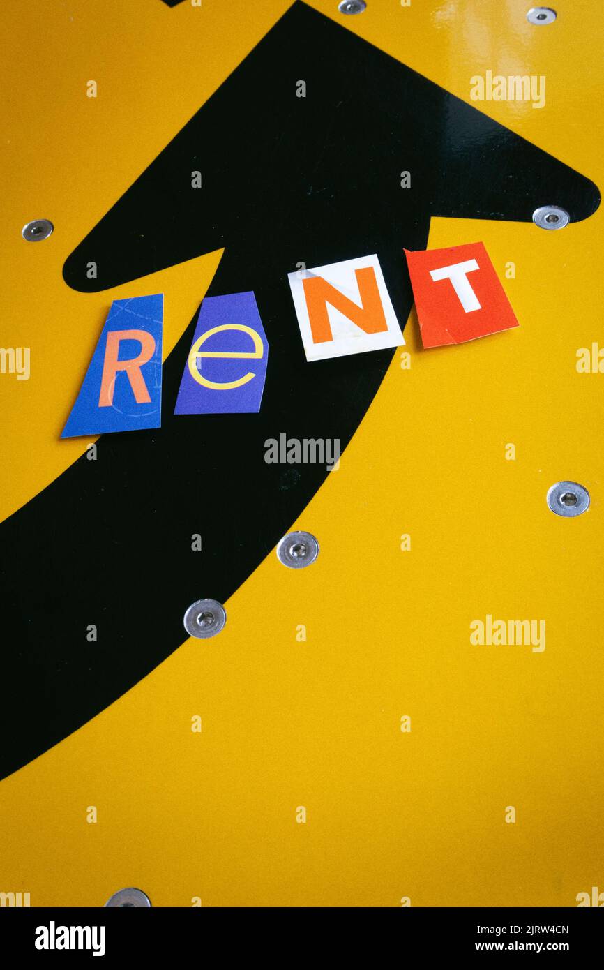 The Word 'rent' is spelled out in ransom note style typography, USA  2022 Stock Photo