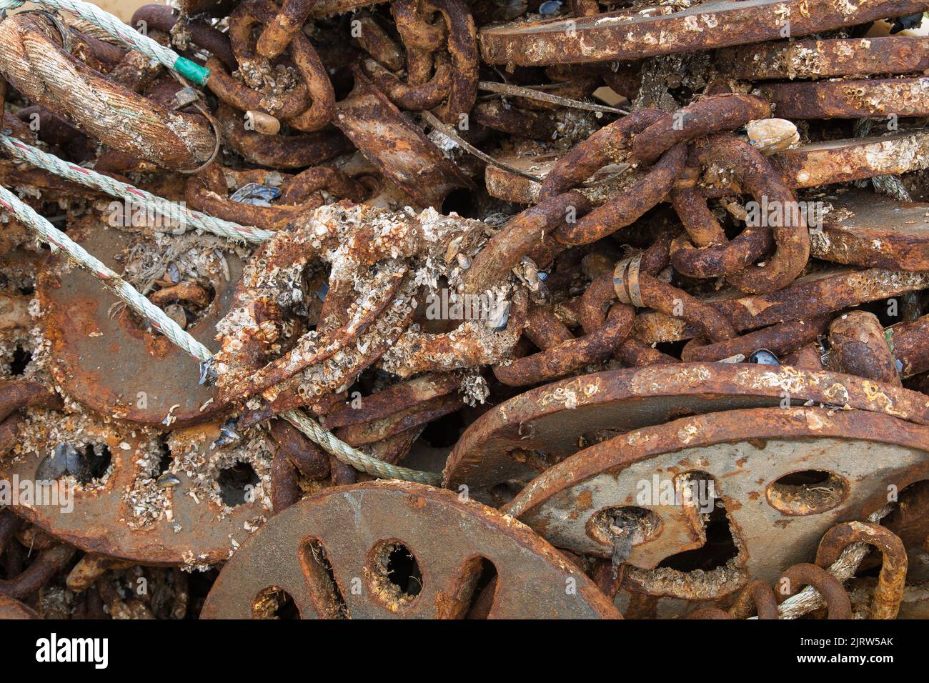 Rusty Anchor Chain, Rusty Anchor Rode, Heavy Iron Chain, Ship Chain Stock Photo