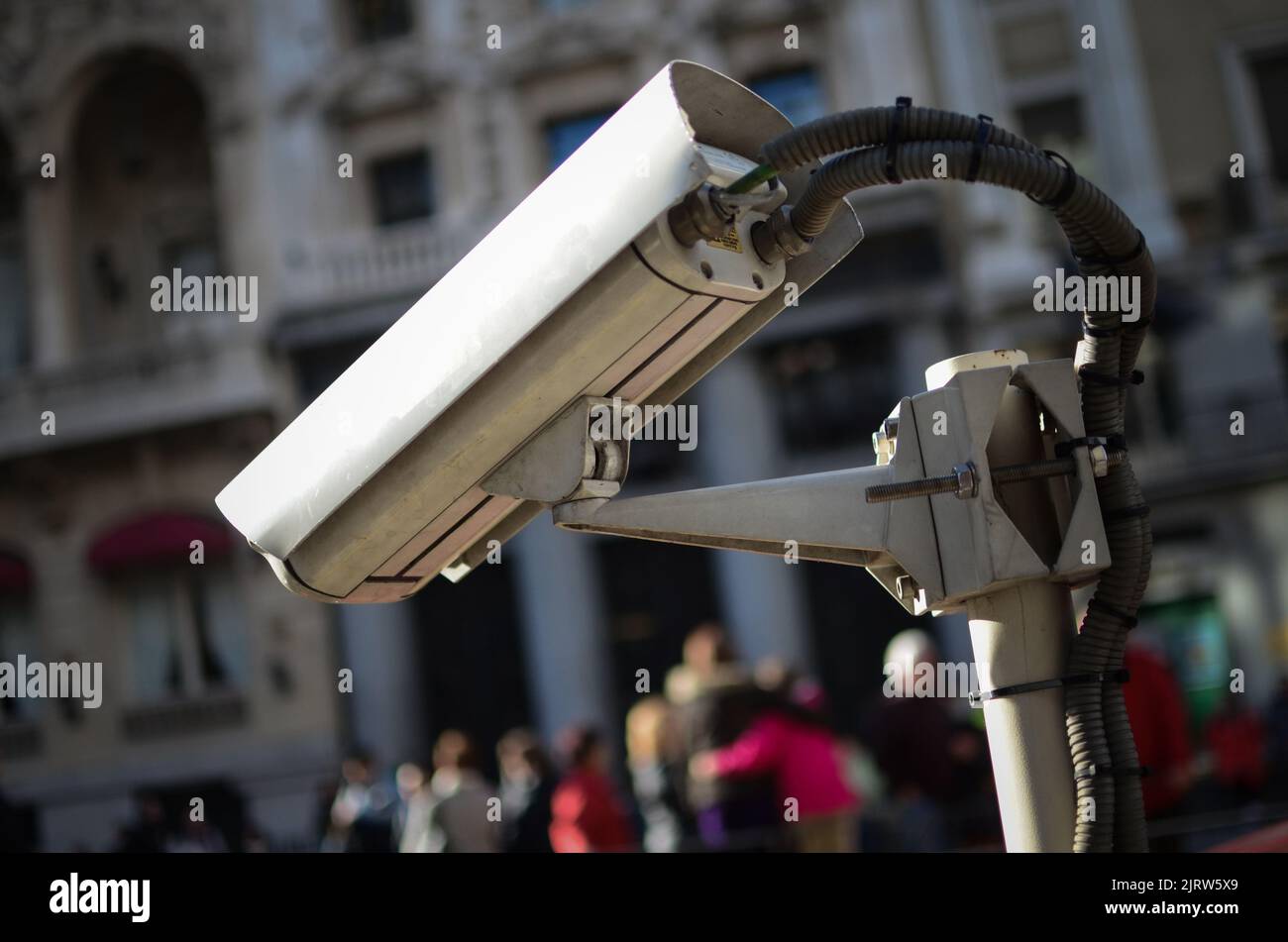 Surveillance CCTV security camera in the center of Madrid, Spain Stock