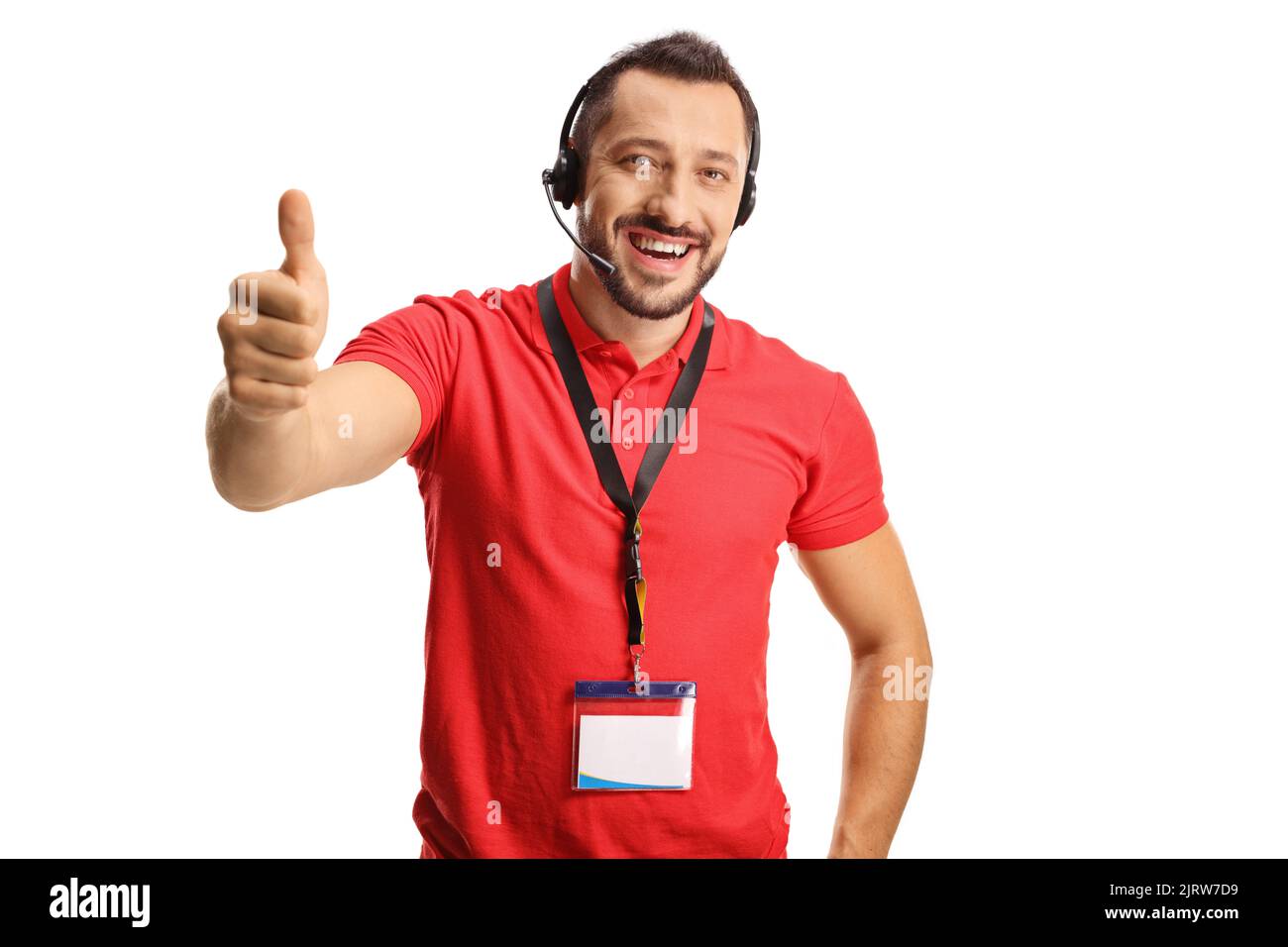 Male dispatcher wearing a headset with hands free microphone and ...
