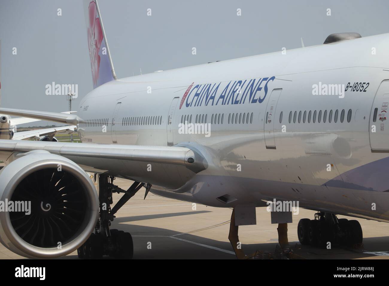 The aircraft body of China Airlines Boeing B777-300ER in Shanghai Pudong Airport Stock Photo