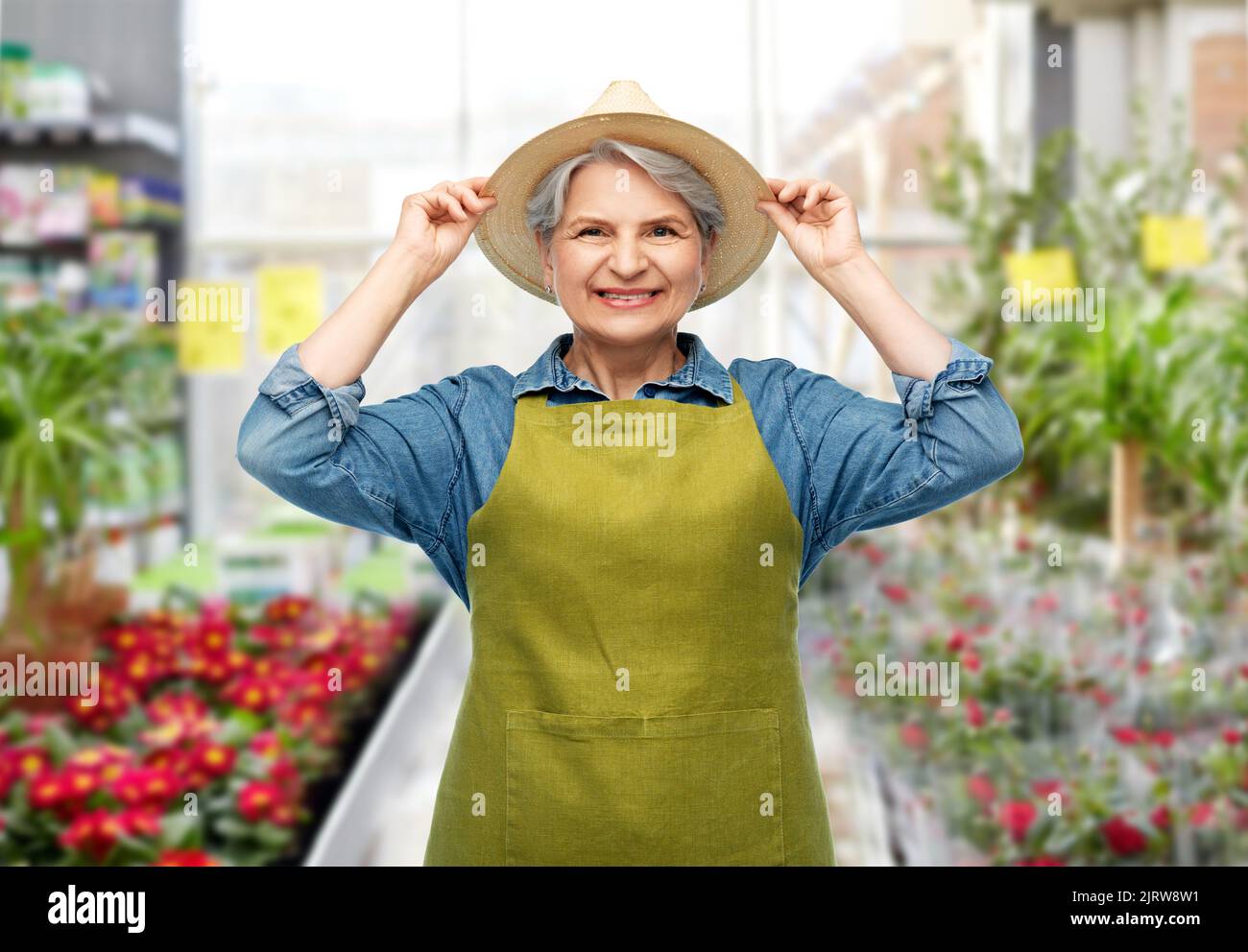 portrait of smiling senior woman in garden apron Stock Photo - Alamy