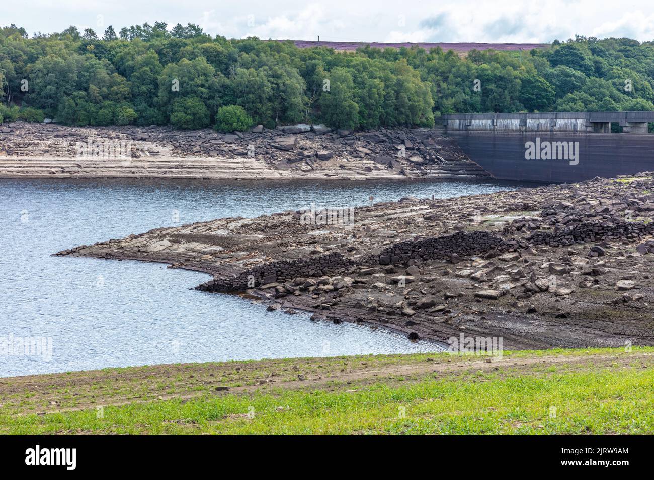 Very low water levels Thruscross Reservoir August 2022, North Yorkshire, England, United Kingdom Stock Photo