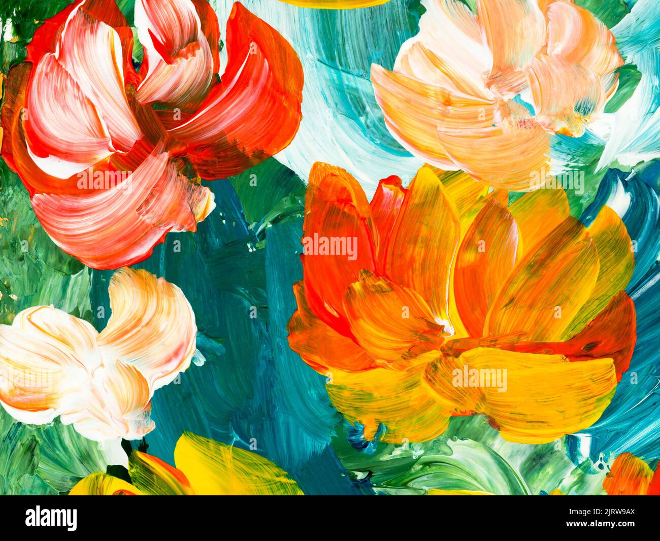 Abstract painting red flowers, original hand drawn, impressionism style