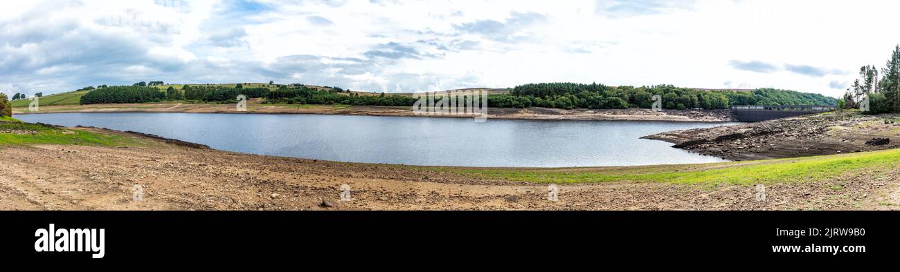 Very low water levels Thruscross Reservoir August 2022, North Yorkshire, England, United Kingdom Stock Photo