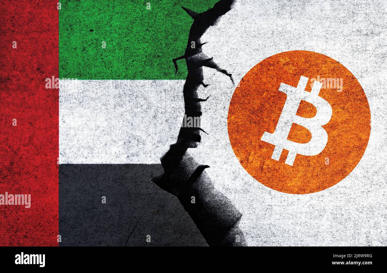 Bitcoin and United Arab Emirates flag on a wall with a crack. UAE Bitcoin banned, mining, illegal, blockchain technology for crypto currency concept Stock Photo