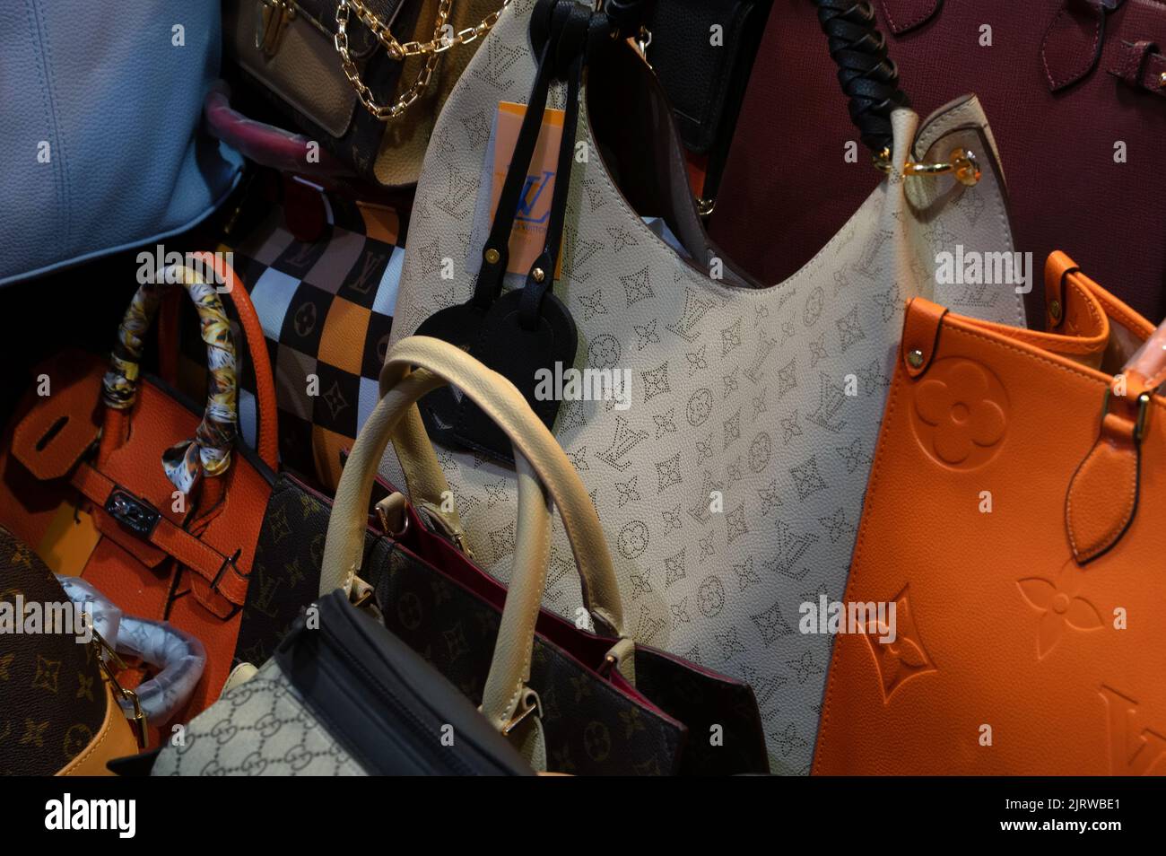 Istanbul, Turkey January 2022 Close up of different leather bags