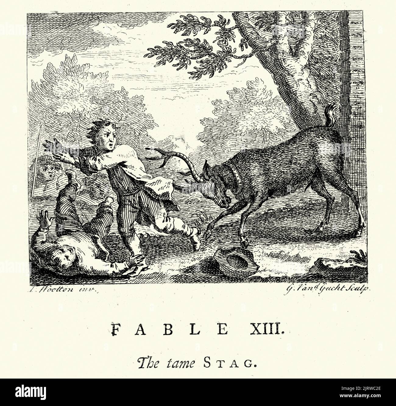 Vintage engraving The Tame Stag, chasing a man, From the Fables of John Gay 18th Century Stock Photo