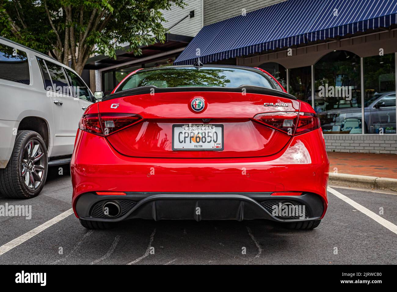 Highlands, NC June 11, 2022 Low perspective rear view of a 2017 Alfa
