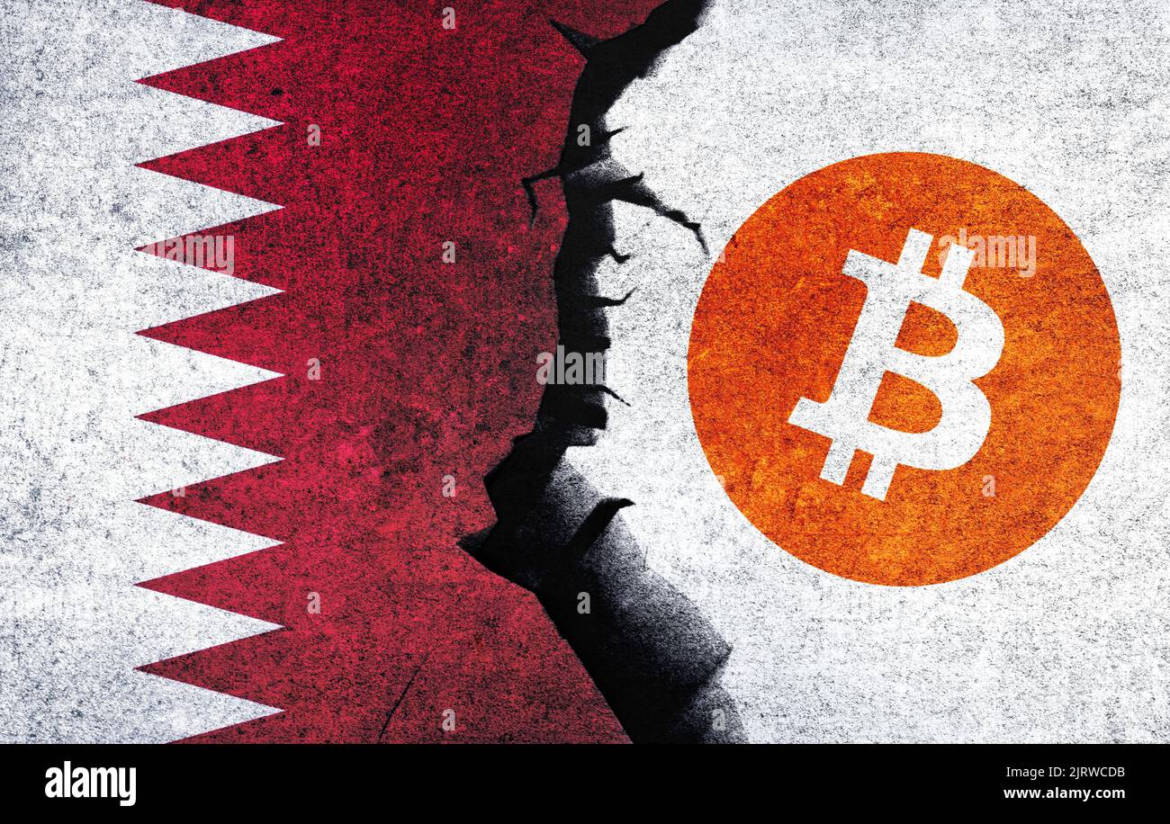 Bitcoin and Qatar flag on a wall with a crack. Qatar Bitcoin banned