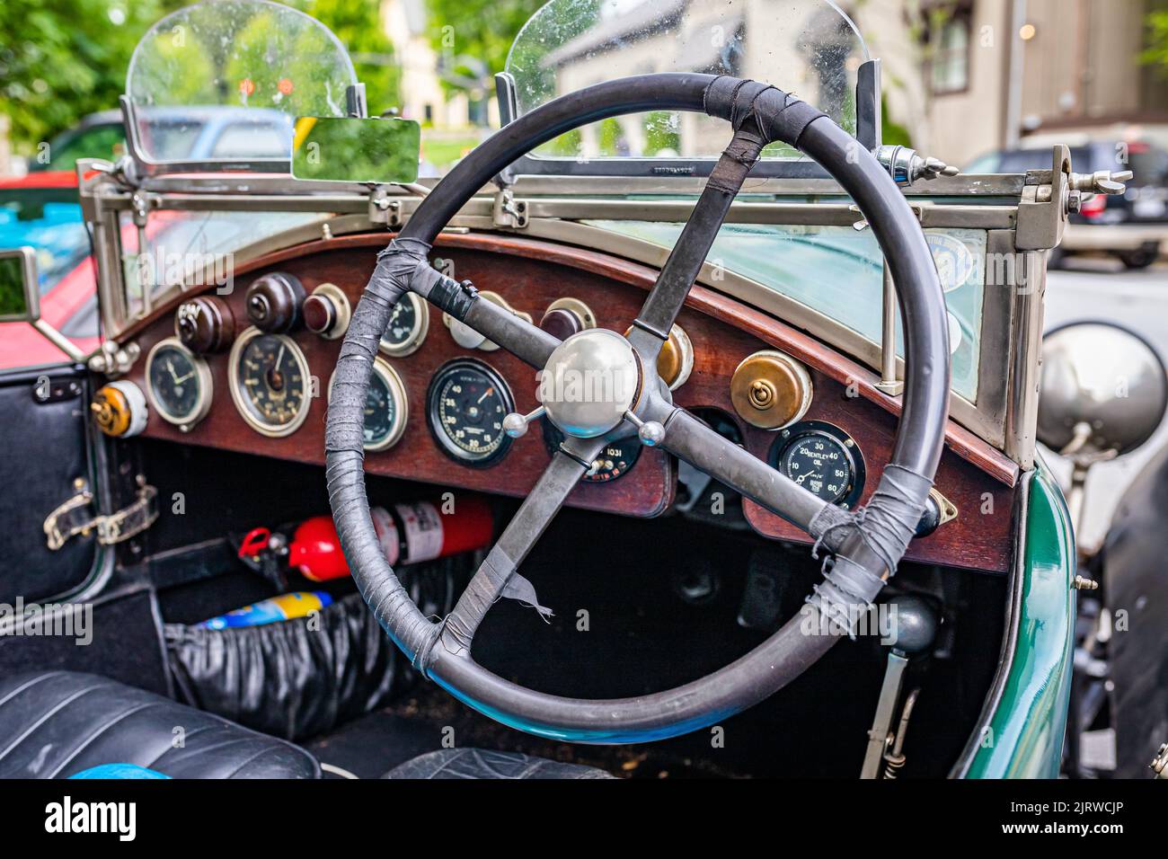 Highlands, NC - June 11, 2022: Close up detailed interior view of a 1927 Bentley 3 Litre Speed Model Tourer at a local car show. Stock Photo
