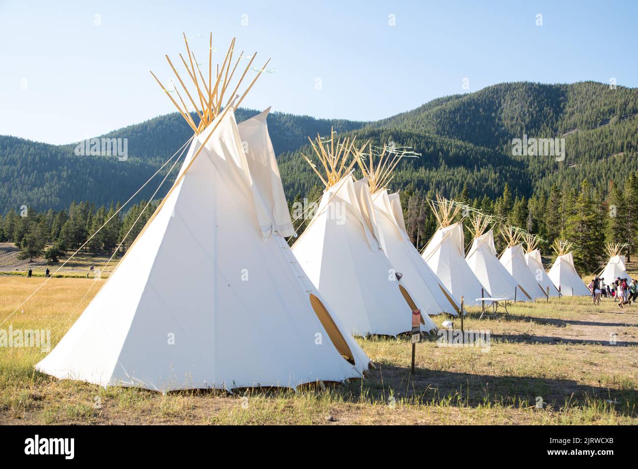 Madison Junction, United States of America. 23 August, 2022. Native American teepee lodges at the All Nations Teepee Village at the North Entrance to mark the 150th anniversary of Yellowstone National Park August 23, 2022 in Madison Junction, Montana. The project by Mountain Time Arts features 13 teepee lodges that signify a new era of Indigenous inclusion and representation in Yellowstone National Park. Credit: Ashton Hooker/NPS/Alamy Live News Stock Photo