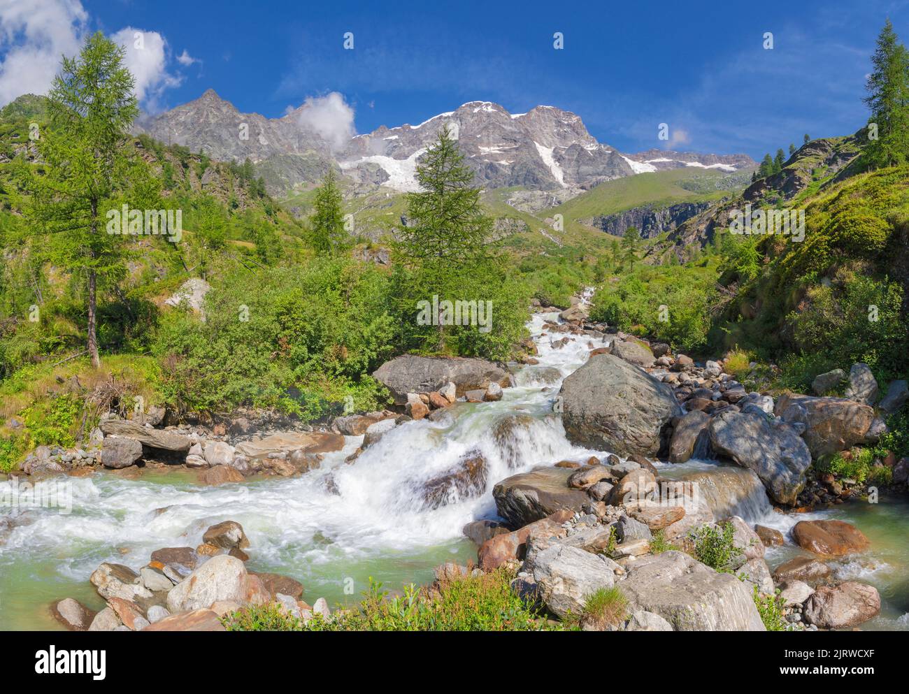 The panorama of peaks Punta Gnifetti or Signalkuppe, Parrotspitze, Ludwigshohe - Valsesia valley. Stock Photo