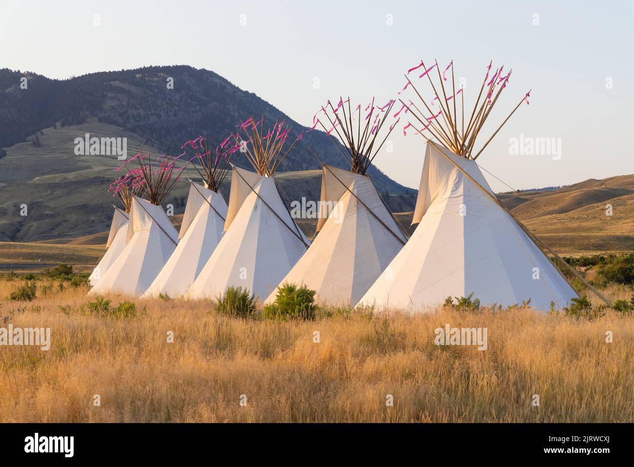 Madison Junction, United States of America. 18 August, 2022. Native American teepee lodges at the All Nations Teepee Village at the North Entrance to mark the 150th anniversary of Yellowstone National Park August 17, 2022 in Madison Junction, Montana. The project by Mountain Time Arts features 13 teepee lodges that signify a new era of Indigenous inclusion and representation in Yellowstone National Park. Credit: Jacob W. Frank/NPS/Alamy Live News Stock Photo